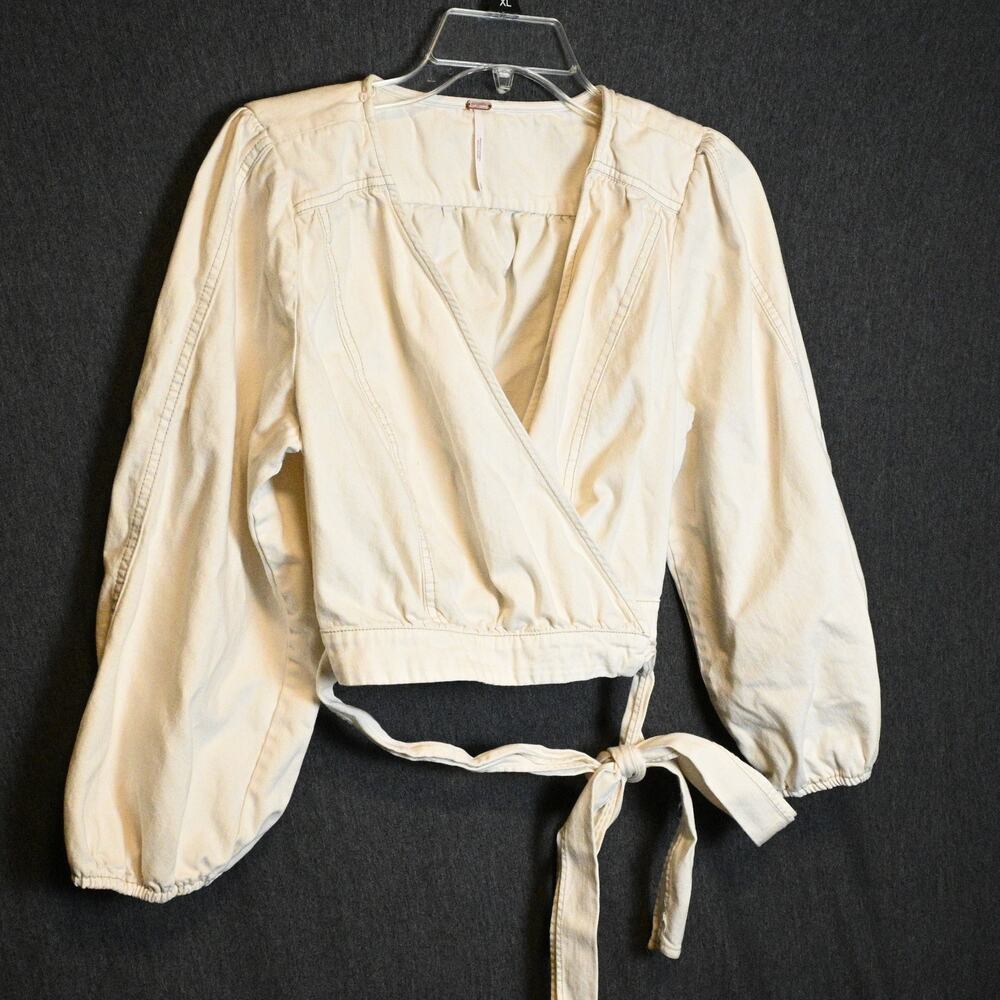 Free People Women's S Sophie Wrap Crop Top Tie White Denim